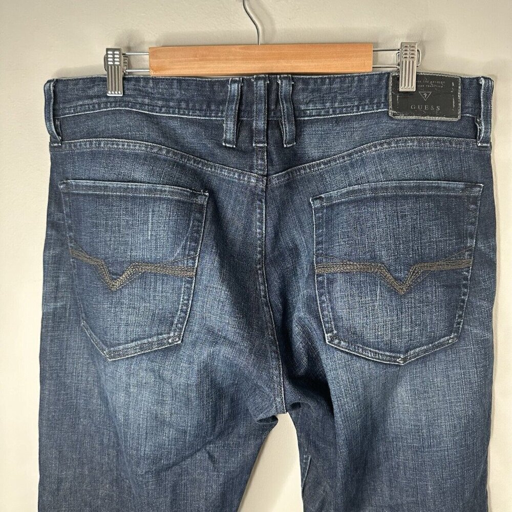 Guess Jeans Mens Blue Denim Falcon Regular Boot Cut Distressed Dark Wash Size 36 - Picture 7 of 13